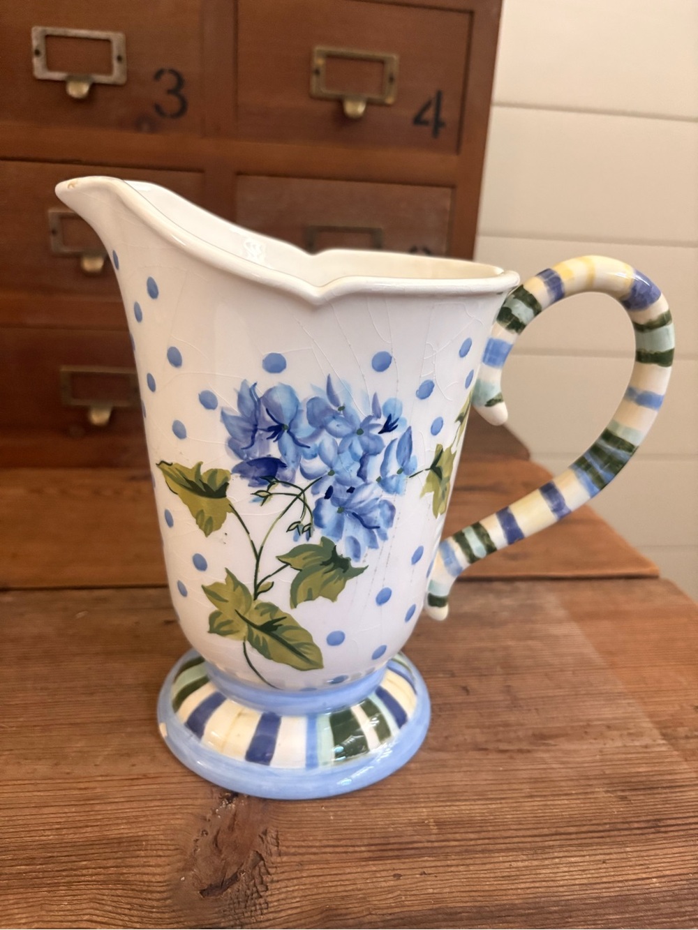 Waverly Blossom Hill Blue Hydrangea Ceramic Pitcher - Polka Dot Design